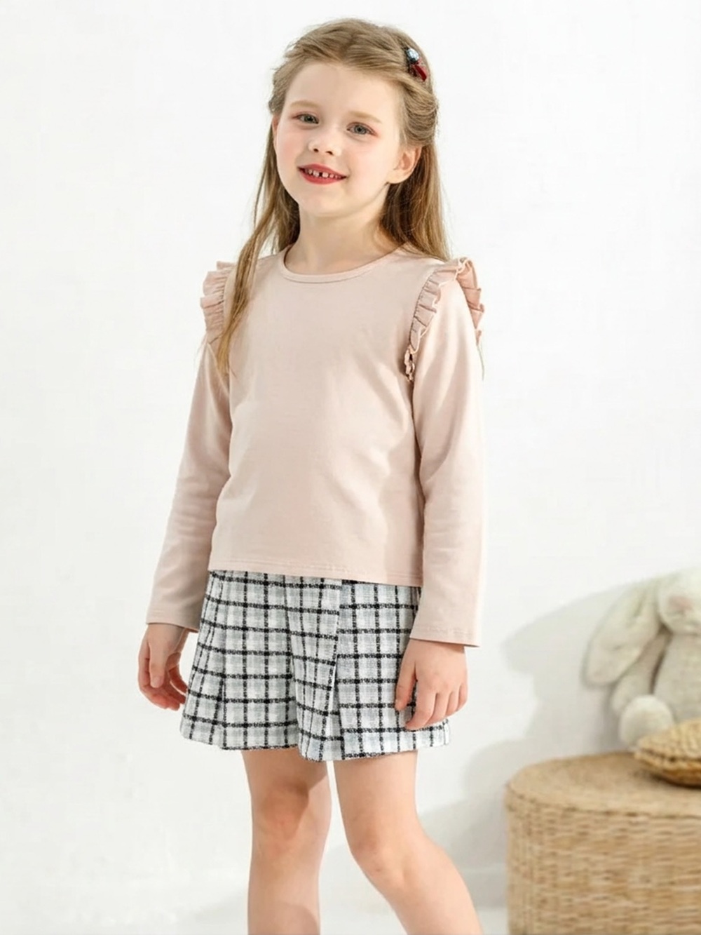 Set 3 pieces - Light Pink Long Top, black and rose short and headband